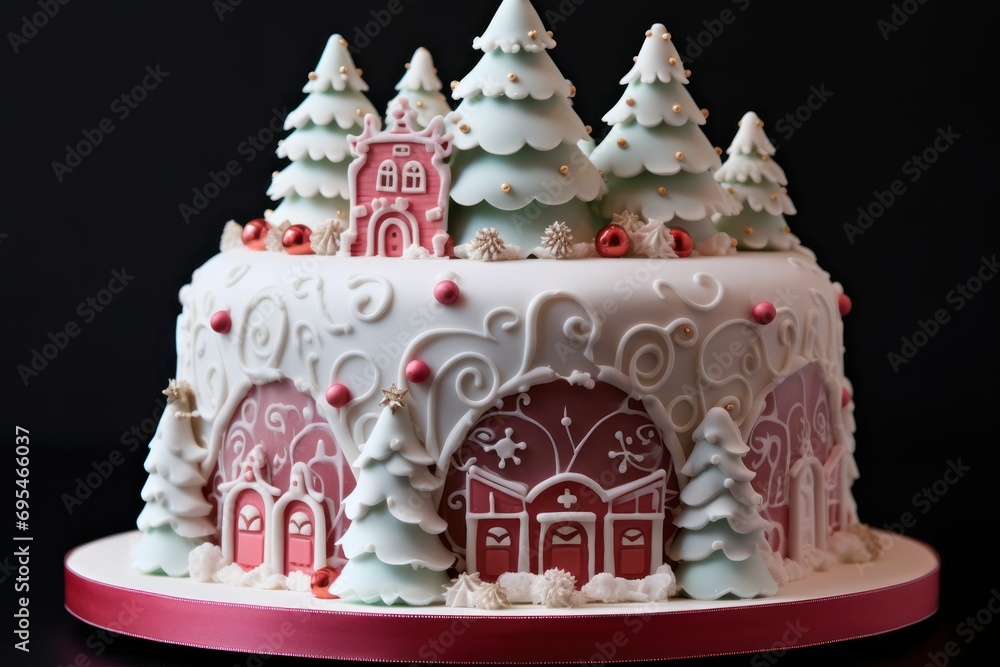 Poster a white and red decorated christmas cake with trees on the top and a red ribbon on the bottom of the