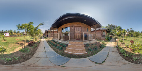 360 hdri panorama with coconut trees near wooden tourist eco houses in equirectangular spherical...