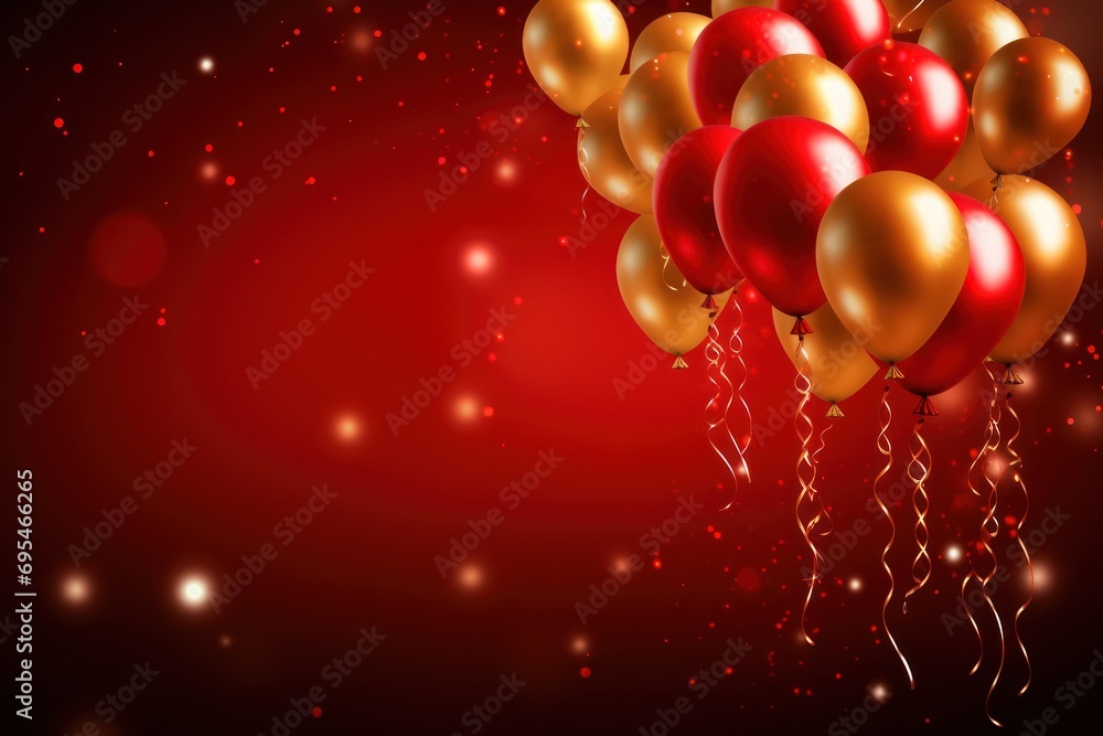 Poster a bunch of red and gold balloons floating in the air on a dark red background with sparkling lights 