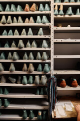 Part of wide and tall stand with many shelves with shoe workpieces standing in rows in workshop of modern shoemaker