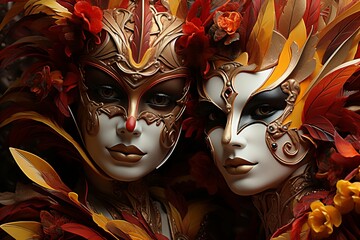 Vibrant Portrait of Two Women in Opulent Venice Carnival Costumes, Masks, and Flower Adornments