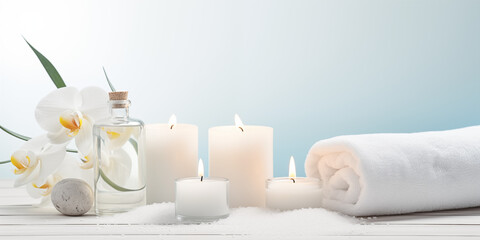 Fototapeta na wymiar Spa Background: Serene Wellness Environment with Candles, Towels, and Aromatherapy - Relaxation Concept, Spa Treatment Essentials, Peaceful Ambiance, Self-Care Ritual, Holistic Therapy