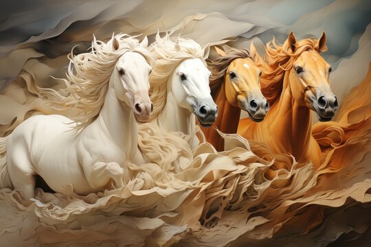  a painting of three white horses running through a field of brown and white horses with their hair blowing in the wind, with a black and white horse in the foreground.