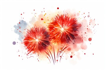  a watercolor painting of two red fireworks on a white background with sprinkles of red and yellow on the top of the fireworks and bottom of the fireworks.
