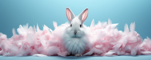 A cute rabbit surrounded by pink feathers. Easter bunny. Studio photography. Shallow depth of field.