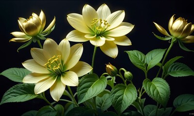green and golden flowers on black background, Generative AI