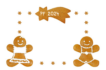 PF 2024 inscribed in comet, smiling woman, man and frame from snowflakes. Romantic New Year greeting card from gingerbreads, copy space for text