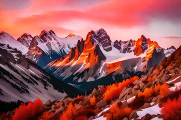 Foto op Plexiglas Majestic mountain peaks bathed in the warm hues of a sunrise, the sky ablaze with shades of pink and gold, serene clouds drifting between the rugged summits, capturing the awe-inspiring beauty  © Abbas