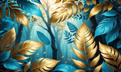 Drawing turquoise, golden, blue and yellow tree leaves feathers in light background, Generative AI