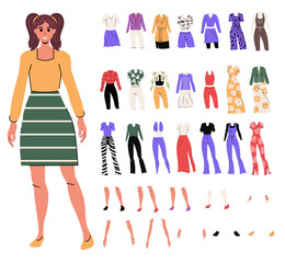Girl in trendy flat style.Body part. Construction character. Set of clothes. Cartoon person. Isolated. Different emotions and gestures. White Background. Poses. Kit
