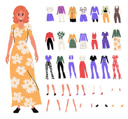 Girl in trendy flat style.Body part. Creation options and character composition. Set of clothes. Cartoon person. Isolated. Different emotions and gestures. White Background. Poses.