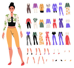 Girl in trendy flat style. Background. Poses. Jeans. Woman. Body part. Creation options and character composition. Cartoon person. Isolated. Set of clothes. Different emotions and gestures. 