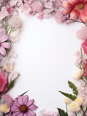 A frame of floral decorations on a white background, free space for text