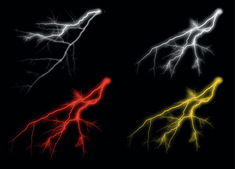 Set of zippers, thunderstorm and lightning effects. white, red & yellow effect collection vector illustration on black background.