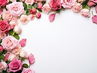A frame of roses with floral decorations on a white background, free space for text