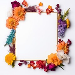 A frame of vibrant color flowers with decorations on a white background, free space for text