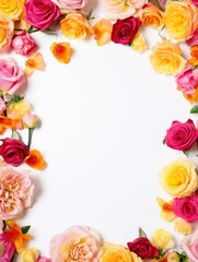 Fototapeta na wymiar A frame of vibrant color roses with floral decorations on a white background, free space for text