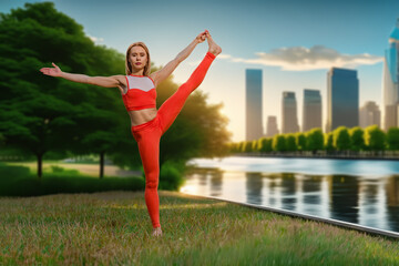 Active lifestyle portrait of happy healthy fit woman standing in yoga pose in urban park
