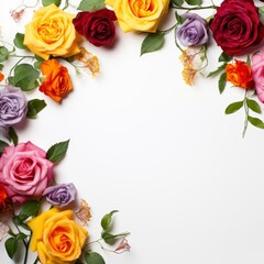 A frame of vibrant color roses with floral decorations on a white background, free space for text