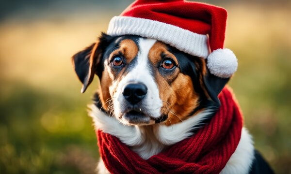 Cute Dog Dressed in a Red Scarf and Hat with Space for Copy. Generative AI