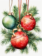 Beautiful Christmas card with a Christmas tree toys close up in the 19th century style, watercolor