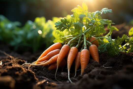  a group of carrots laying on top of a pile of dirt next to a green leafy plant in the middle of the ground with the sun shining on the background.