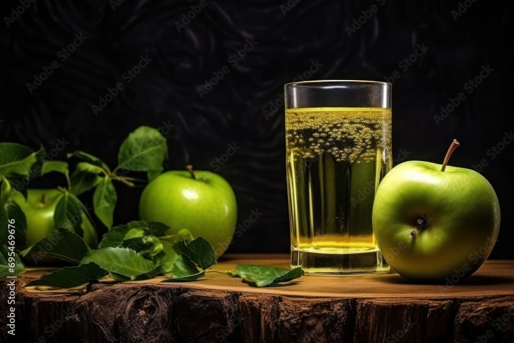 Aufkleber a glass of apple cider next to a green apple on a wooden table with leaves and a branch of apple in 
