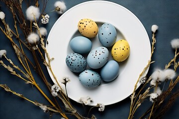 Obraz premium white plate, colored easter eggs. dark background, white dish, a lot of eggs on it