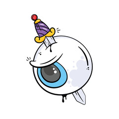 Cartoon style drawing of an eyeball with a party hat and a dagger