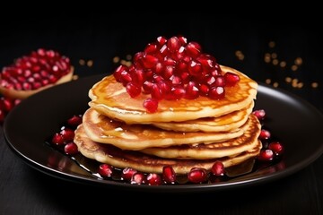  a stack of pancakes with pomegranates on top of them on a black plate on a black table with gold confettiling around the edges.