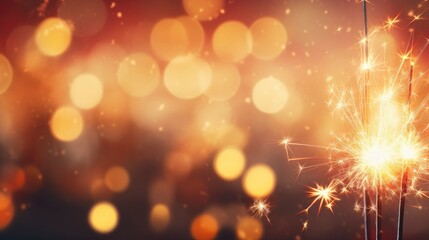 Fototapeta na wymiar Burning Christmas sparkler lights on festive blurred background, free space for text