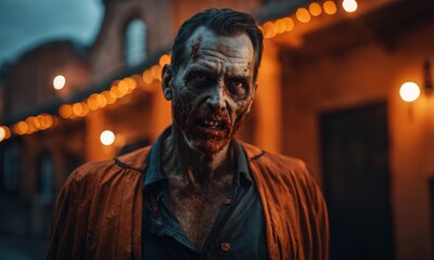 Fototapeta na wymiar A Man Wearing a Zombie Costume for Halloween on an Orange Background, Generative AI