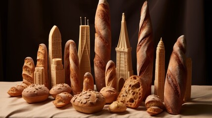 Different types of testy bread resembling the silhouette of the city. Homemade bread urbanism. Bakery Art. Bread skyscrapers - obrazy, fototapety, plakaty