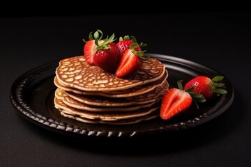 a stack of pancakes on a black plate with strawberries on top of the pancakes and the rest of the pancakes on a black plate on a black table with a black background.