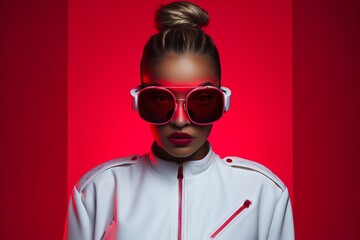 Young Woman with High-Tech Glasses and Headphones on Vibrant Background, Futuristic Concept