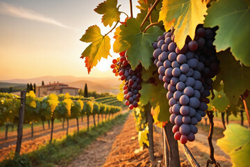 Ripe grapes in vineyard at sunset, Tuscany, Italy - obrazy, fototapety, plakaty