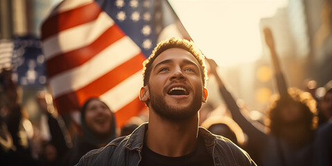 Patriotic Man Leading Protest with American Flag - Civil Rights, Activism, Patriotic Demonstration, Freedom Speech, Unity, Social Movement, Political Change, Empowerment, Leadership - obrazy, fototapety, plakaty