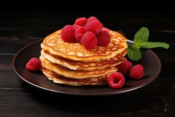  a stack of pancakes with raspberries and mint on a black plate on a wooden table with a leaf of mint and a few raspberries on the plate.