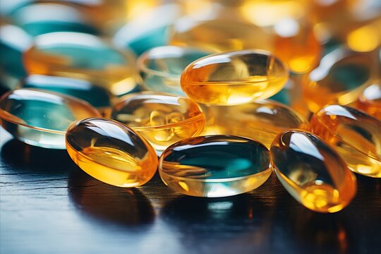 Vibrant array of multi-colored pills on a table. Premium fish oil capsules available for purchase