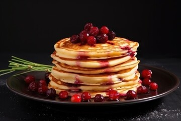  a stack of pancakes topped with cranberry sauce and fresh cranberries on a black plate with a sprig of fresh cranberries on top.