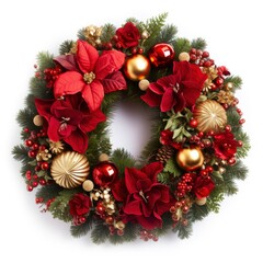 Fototapeta na wymiar Christmas beautiful decorated festive wreath isolated on white background, professional studio photo