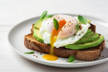 Whole wheat toasted bread with avocado, poached egg on white plate.