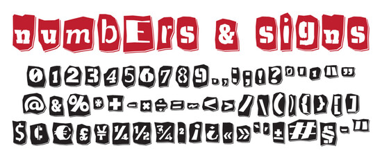 Ransom collage style stencil black and red letters numbers and punctuation marks cut from newspapers and magazines. Vintage ABC collection. Black and white alphabet Typography vector illustration