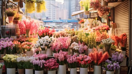 Colorful flowers in pots at a flower market. Blurred background