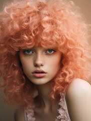 Peach Fuzz color professional fashion photo shot, lovely young woman model