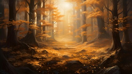 Mysterious dark forest with fog and sunbeams. Halloween background