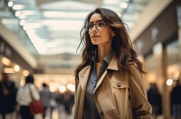 Pretty stylish brunette woman is shopping in a mall - obrazy, fototapety, plakaty