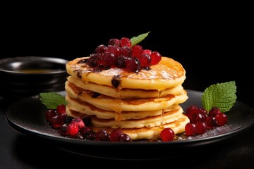  a stack of pancakes with syrup and cranberries on a black plate with a cup of syrup and a spoon on the side of the plate is on a black table.