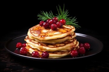  a stack of pancakes with syrup and cranberries on a black plate with a sprig of rosemary on top of the pancakes and on a black background.
