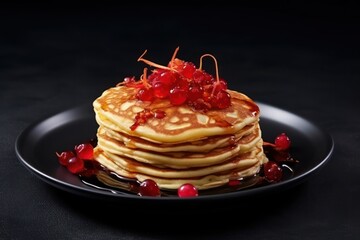  a black plate topped with a stack of pancakes covered in syrup and garnished with cranberries on top of a black table with a black table cloth.